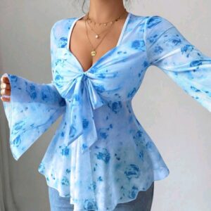 JB blue mesh flare sleeve top